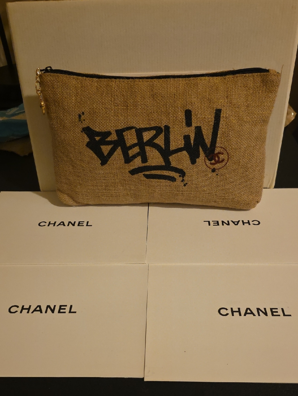 CHANEL Beauty Beige Burlap 'Berlin' Zip Pouch with Black Graphic